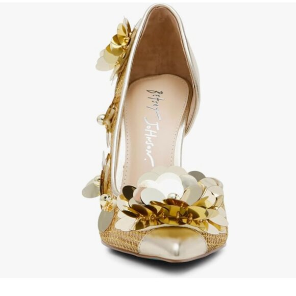 NEW BETSEY JOHNSON Nash Mesh Pumps With Floral Embellishments in gold 7253m7 - Picture 5 of 10